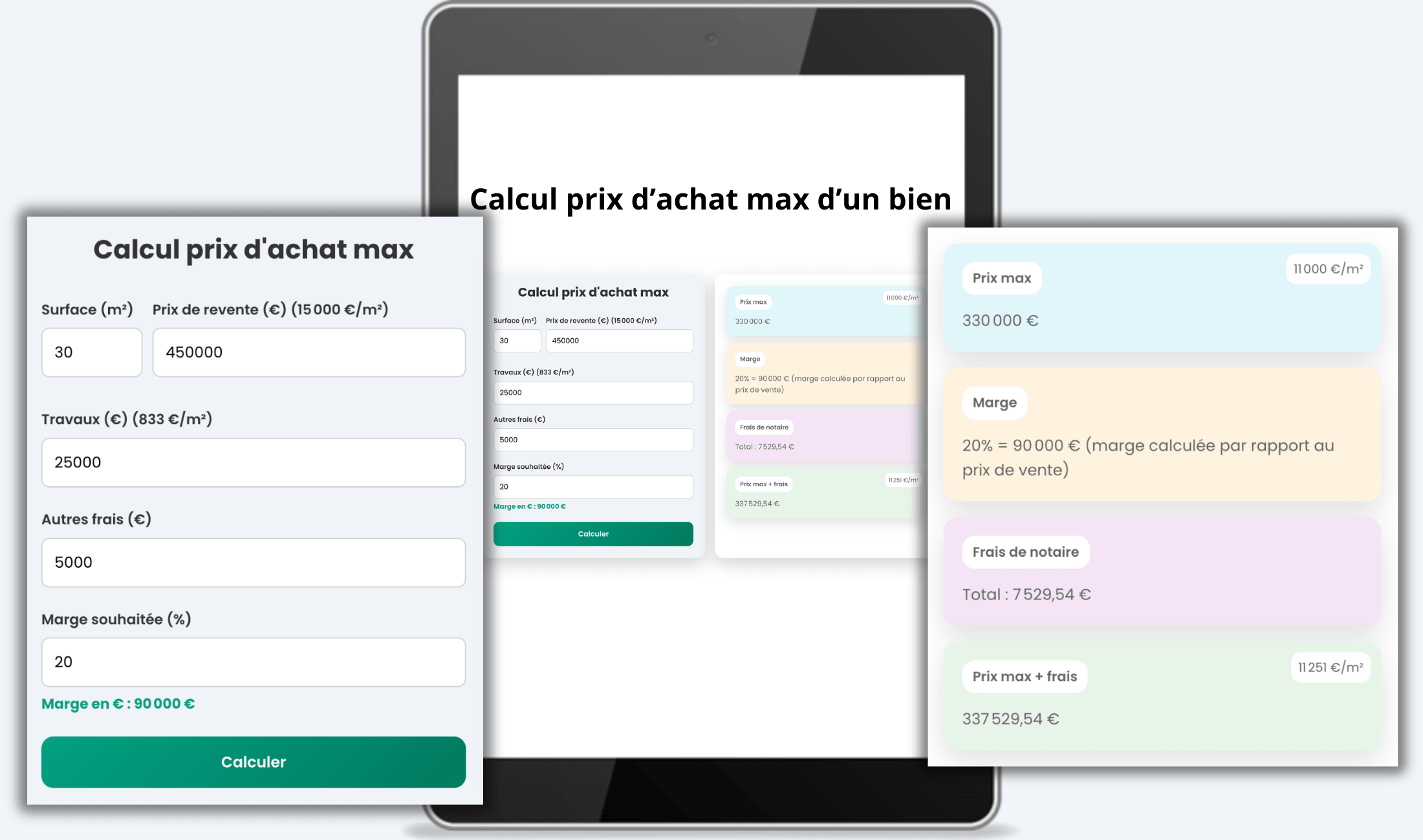 Outil de calcul du prix maximum d’achat d’un bien immobilier pour une opération de marchand de biens en fonction du prix de revente, des coûts et de la marge souhaitée.