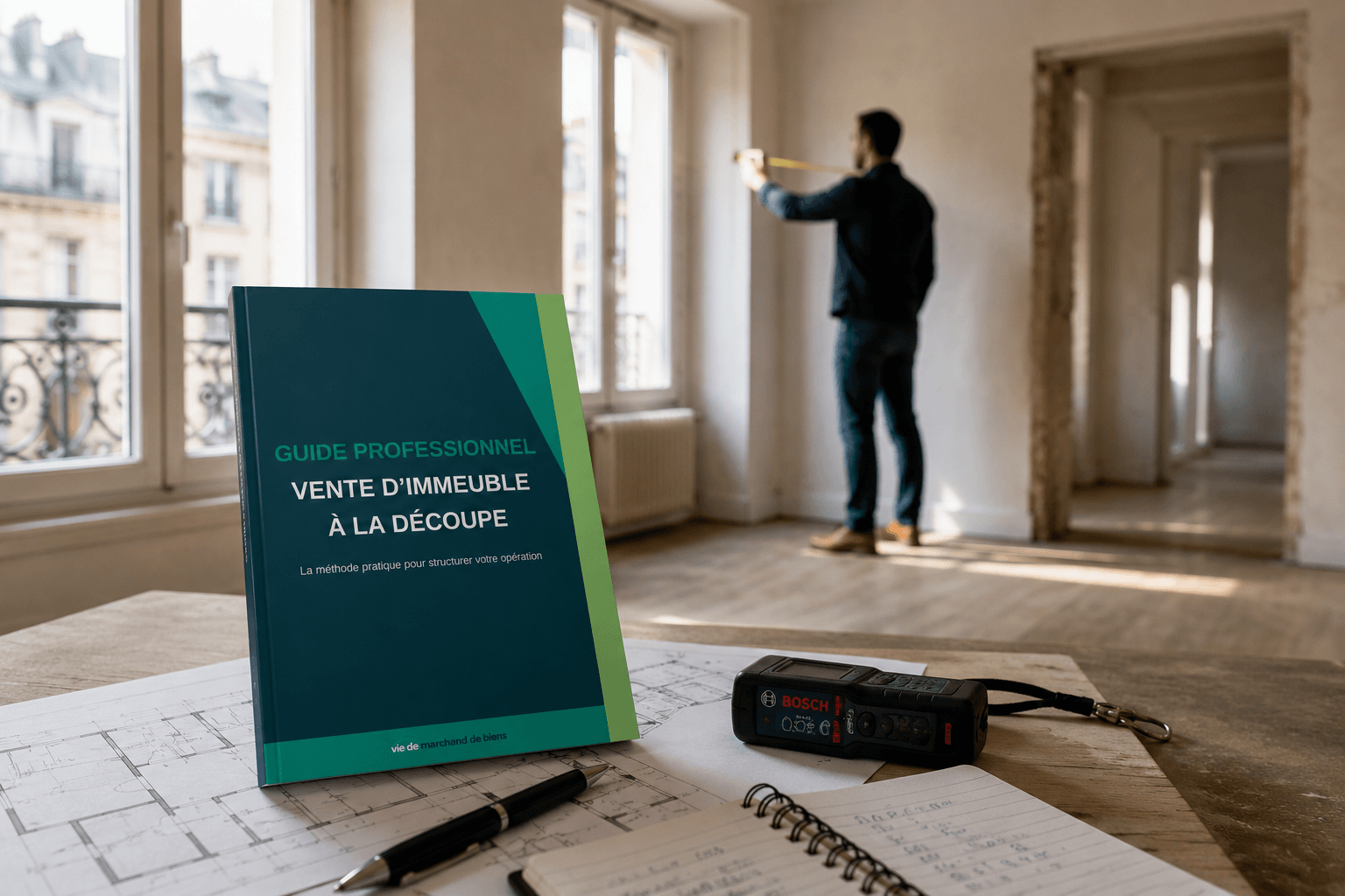 Marc, marchand de biens, travaillant sur son projet de vente d'immeuble à la découpe