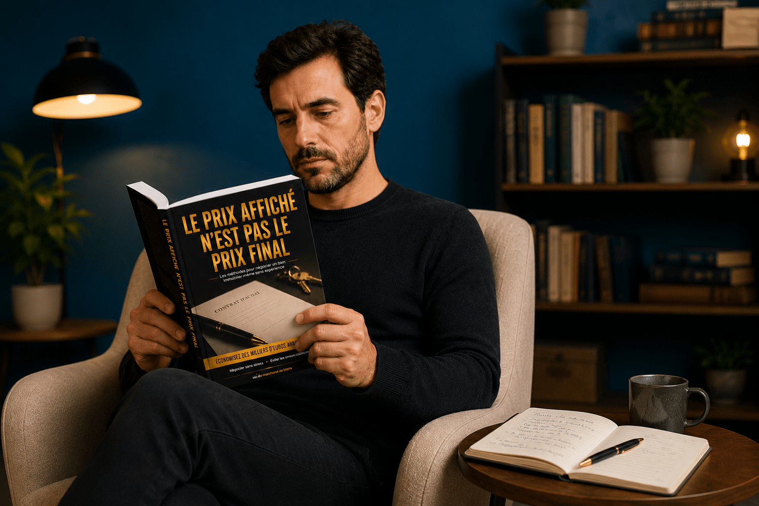 Lecteur appliquant les techniques de négociation immobilière du livre Le prix affiché n'est pas le prix final